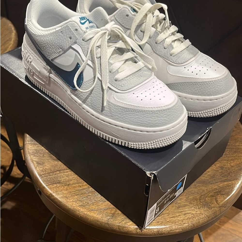 Nike Air Force 1 Low in White and Gray with Aqua Blue Swoosh